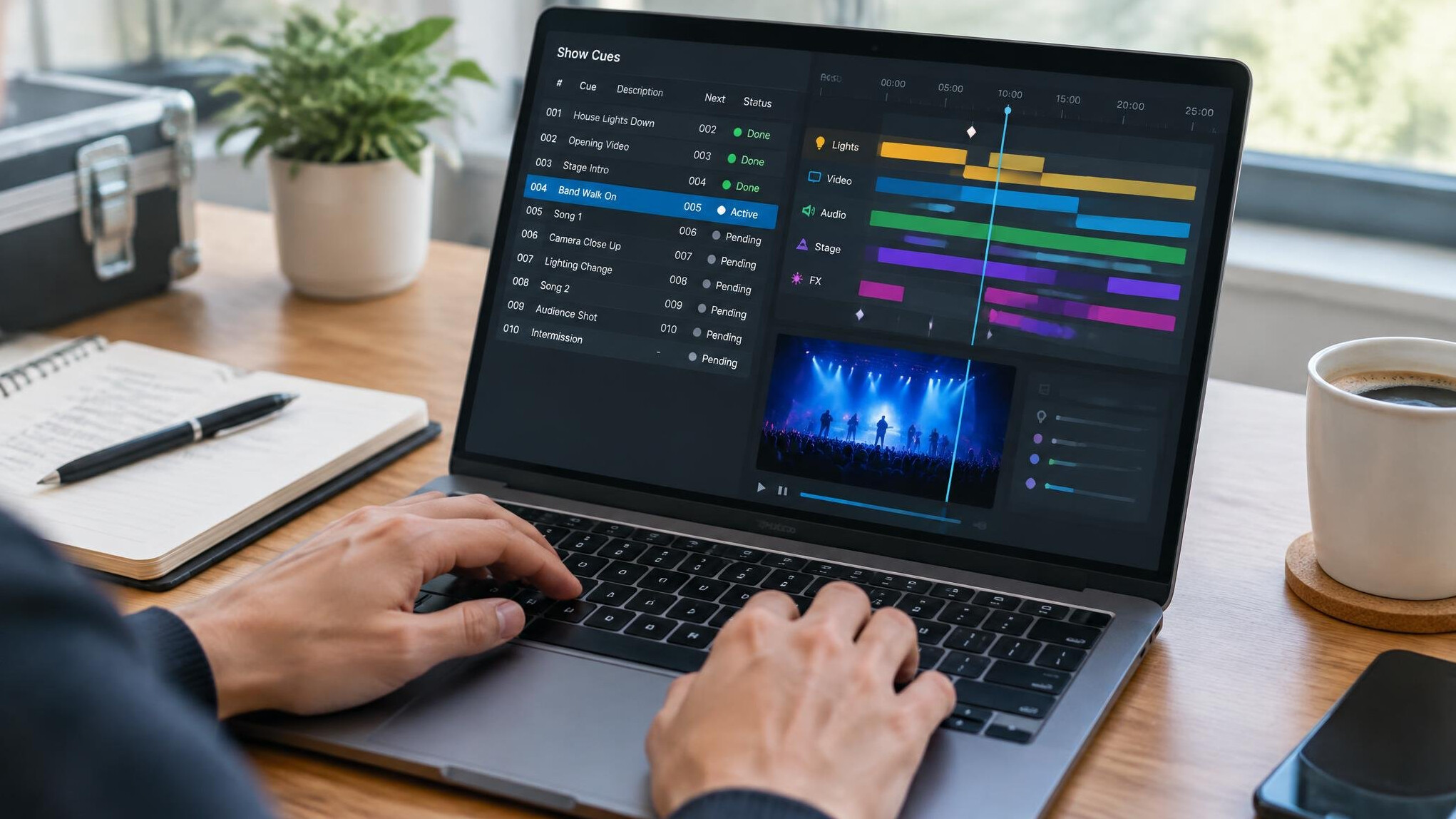 Hands typing on a laptop with production software on screen