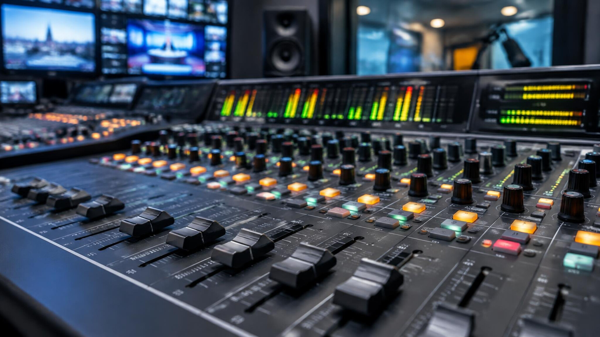 Audio mixing console with faders and knobs
