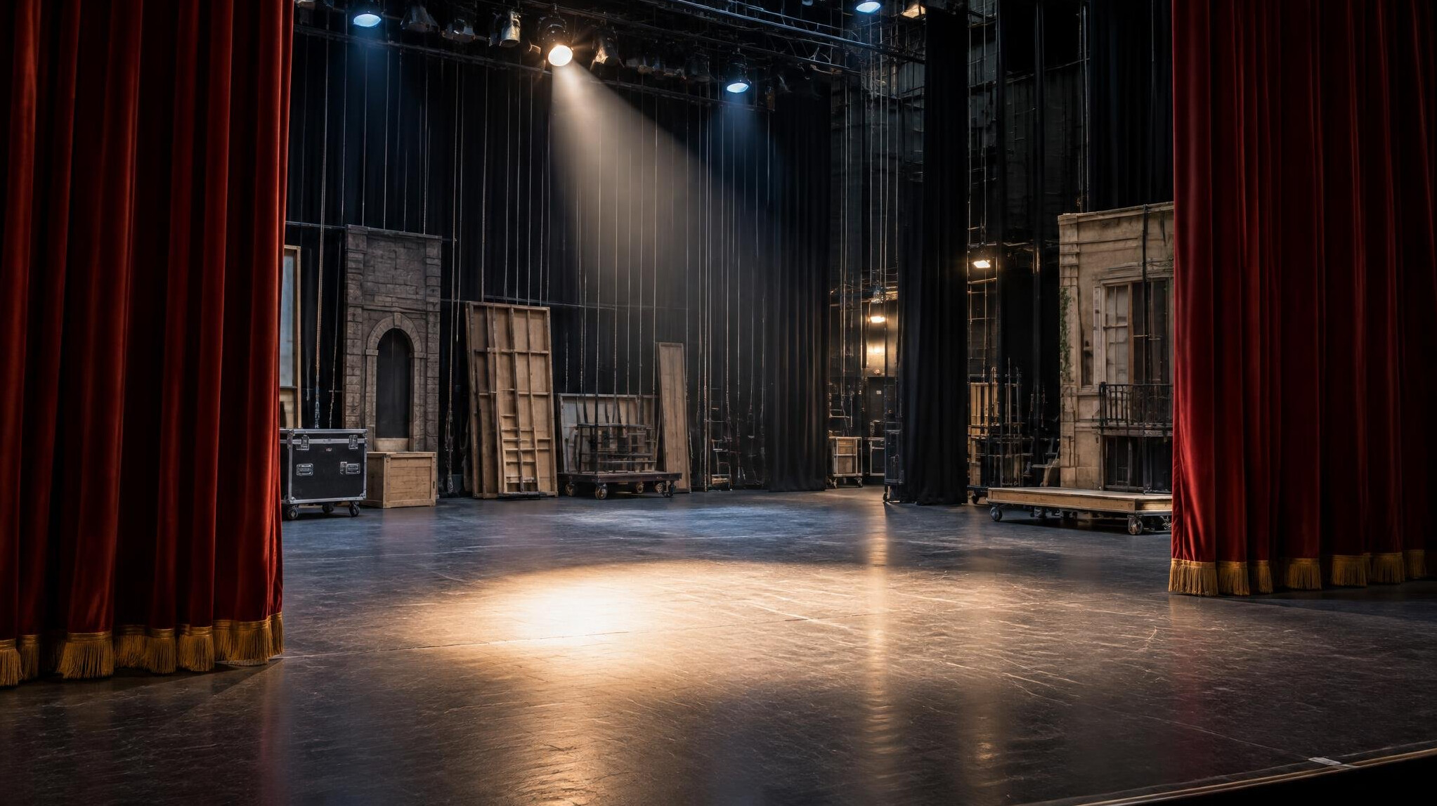 Theatre stage with red curtains and spotlights
