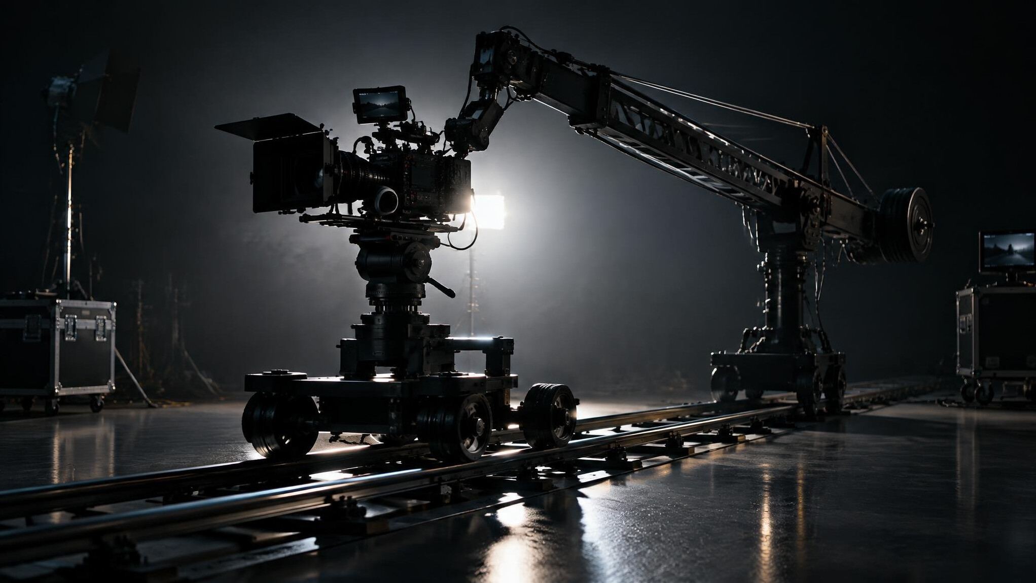 Cinema camera on a rail dolly during a production