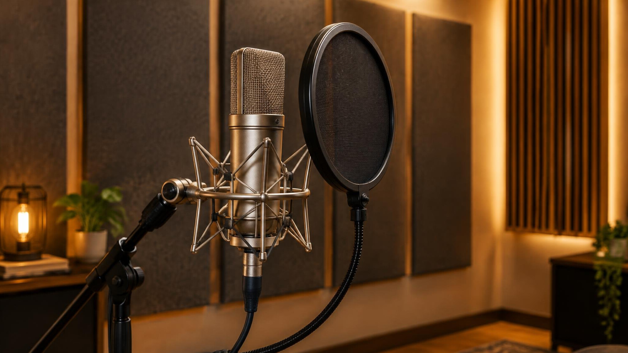 Studio microphone in front of acoustic panels